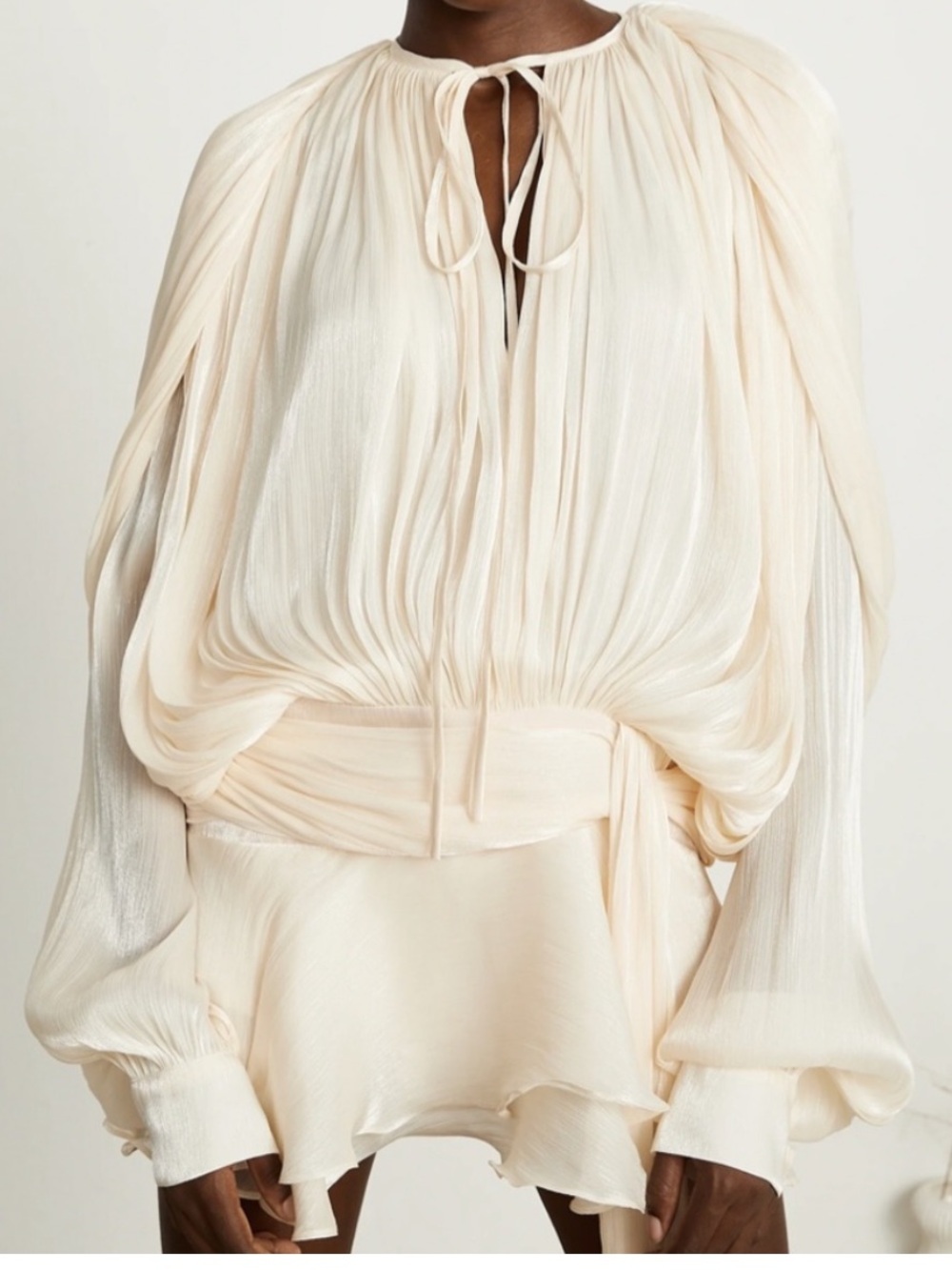 Women's Cream Pleated Tie-Neck Dress
